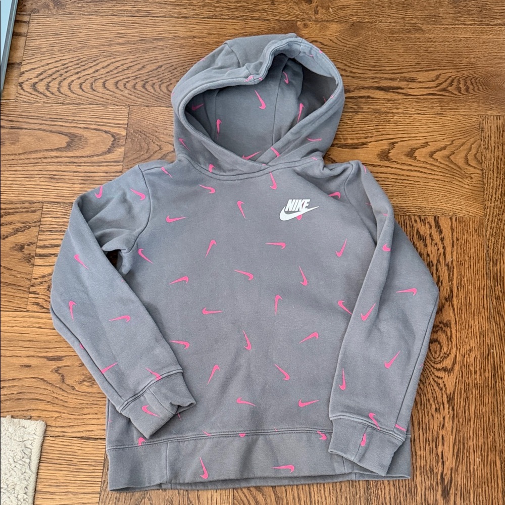 Nike Kids Gray Hoodie with Pink Swooshes